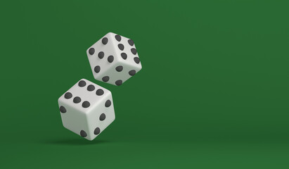 Dice fall on the green table. Gambling symbol. 3D illustration