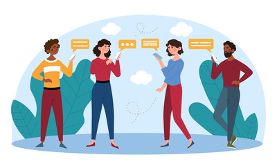 Fototapeta premium People Looking on Smartphones. Men and women communicate on social network. Notification or message on phone. Modern young characters. Cartoon flat vector illustration isolated on white background