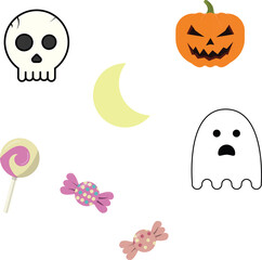 Set of Halloween objects drawn in a cute style. A skull, a pumpkin, candy, a lollipop and a moon crescent.