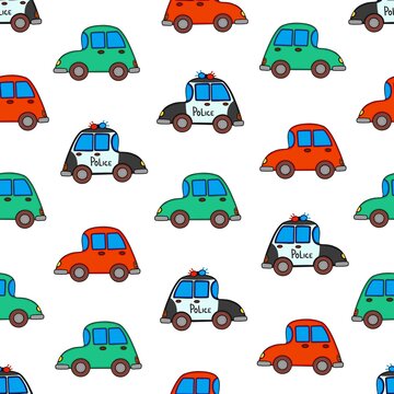 car, police car seamless cartoon pattern isolated on white background. Vector illusration for children wallpapers, web site, wrapping paper, cover, packaging, greeting cards, textile, seasonal design.
