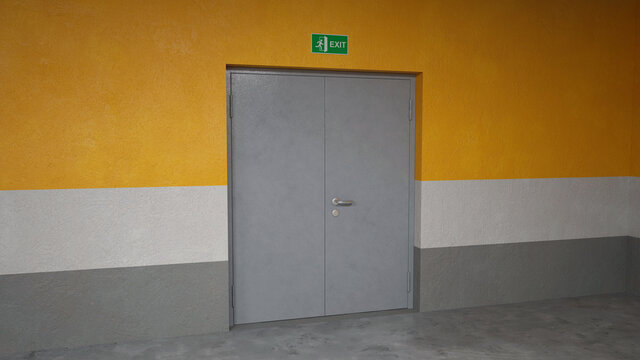 Emergency exit door, concrete wall, 3d render
