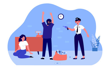 Police officer threatening thief robbing bank. Security catching arresting man criminal in mask. Organized violence stealing money. Cartoon flat vector illustration. Web page landing.