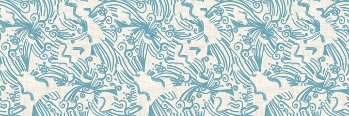 Seamless two tone hand drawn brushed effect pattern border swatch. High quality illustration. Collage of minimal drawings arranged in a seamless pattern with fabric texture overlay. Rough scribble.