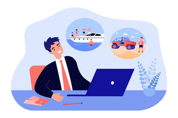 Vacation dreams of businessman sitting at laptop. Man dreaming of sea cruise and travel flat vector illustration. Work and waiting for holidays concept for banner, website design or landing web page