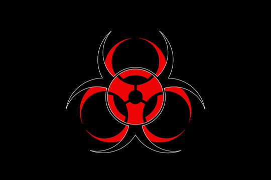 Unusual combined biohazard sign in red and black on blank background