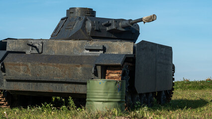 Vintage German World War 2 armored heavy combat tank poised on the battlefield. Historical concept.