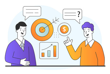Public survey concept. Employee asks questions to man to determine company marketing strategy. Achieving goals with help of experience. Cartoon flat vector illustration isolated on white background