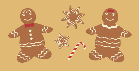 christmas gingerbread men and stars and striped candy cane