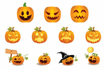 Set of five Halloween pumpkins with different facial expressions