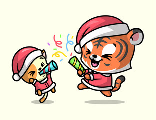 A CUTE TIGER AND CAT IS CELEBRATING CHRISTMAS CHEERFULY.