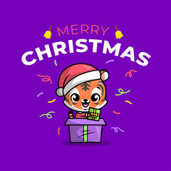 A CUTE TIGER IS COMING OUT FROM A GIFT BOX TO CELEBRATING CHRISTMAS EVE.