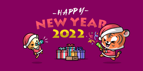 A CUTE TIGER AND CAT ARE   HAVING FUN WHEN CELEBRATING NEW YEAR EVE. 
