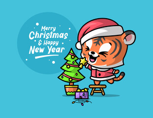A CUTE TIGER IS DECORATING A CHRISTMAS TREE TO CELEBRATING CHRISTMAS EVE.