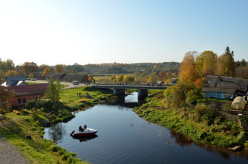 Fototapeta na wymiar bridge, Ladozhka river, nature, landscape, autumn, travel, autumn colors, autumn landscape
