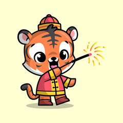 A CUTE TIGER IN A CHINESE OUTFIT IS PLAYING FIREWORKS. 