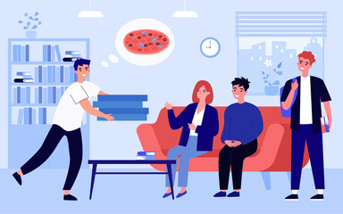 Courier delivering pizza to friends. Smiling deliveryman bringing order to happy people buying online to home. Good delivery service. Eating indoors. Flat cartoon vector illustration.