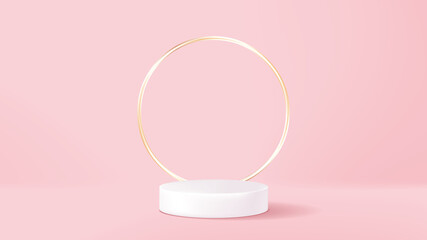 White pedestal or podium with gold ring on pastel pink background for product demonstration.  Vector illustration.