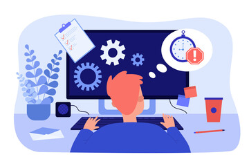 Busy office worker working at computer desk online. Work deadline for male employee flat vector illustration. Time management, productivity concept for banner, website design or landing web page