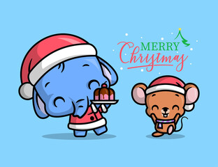A CUTE ELEPHANT IS CELEBRATING CHRISTMAS EVE WITH A LITTLE MOUSE BY EATING PUDDING.