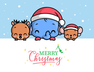 A CUTE ELEPHANT WITH A LITTLE MOUSE AND REINDEER ARE GREETING MERRY CHRISTMAS.