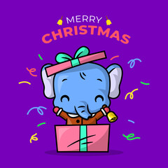 A CUTE ELEPHANT IS COMING OUT FROM THE PRESENT BOX AND GREETING MERRY CHRISTMAS.