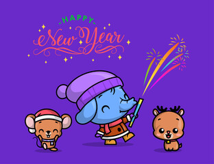 A CUTE ELEPHANT IS CELEBRATING NEW YEAR EVE BY PLAYING FIREWORKS OUTDOOR WITH A LITTLE MOUSE AND A REINDEER 