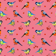 Colorful digital pattern with forest birds, Christmas branches and red berries. Pink background.