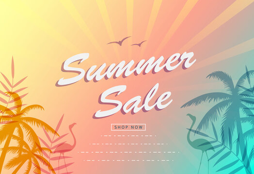Summer sale poster background. For palm sunset wallpaper, banner, flyer and placard template. Summer background for ad, label and palm tree cover. Sunset background, vector illustration