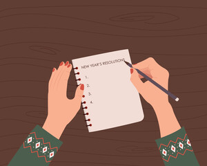 Woman writing new year's resolutions in her notebook. A list of goals concept. Female hand. Colorful, modern vector illustration in cartoon flat style. - obrazy, fototapety, plakaty