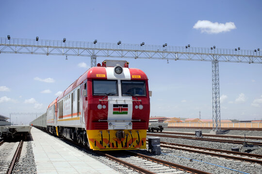 Train Nairobi Terminus Concrete Pillars Railway Line Standard gauge Railway SGR Madaraka Express Bridge Corporation Kenya Railways Tsavo Mombasa City County Kenya East Africa Landscapes Line Highway