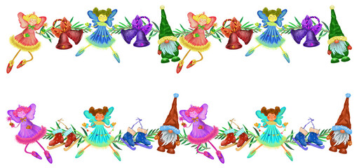 Fototapeta premium Colorful digital border with colorful Christmas decoration. White background.