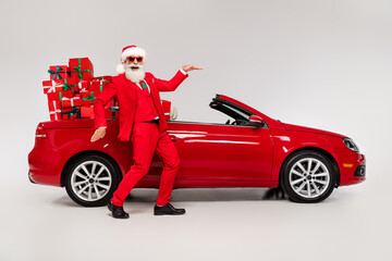 Photo of carefree stylish look granddad make auto stop dance have party fun wear costume isolated...