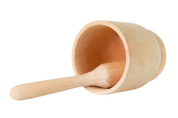 Wooden mortar with pestle on white background