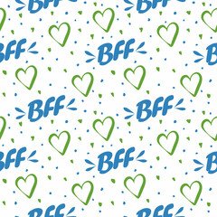 Seamless pattern on a white background. Cute lovely hearts with bff text. For best friends.