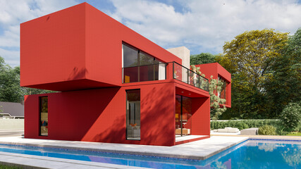 Big contemporary red villa with pool and garden