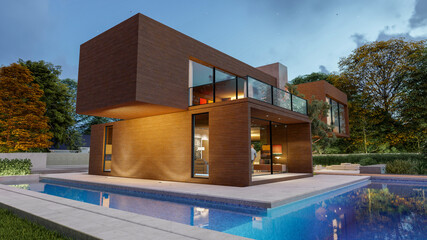Big contemporary villa in light wood with pool and garden in the evening 3