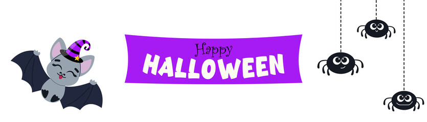 Halloween banner, on a white background, with purple lettering and hat, cobwebs and spiders, Halloween mood