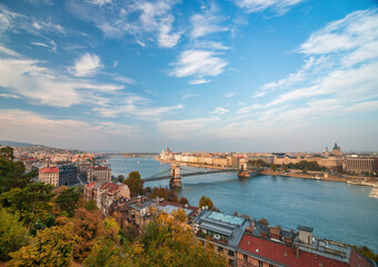 Fototapeta na wymiar Amazing panoramic view of Budapest from Castle Hill at sunny autumn evening, Budapest, Hungary