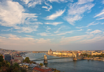 Amazing sky with picturesque clouds over Danube river in the central area of Budapest, Hungary