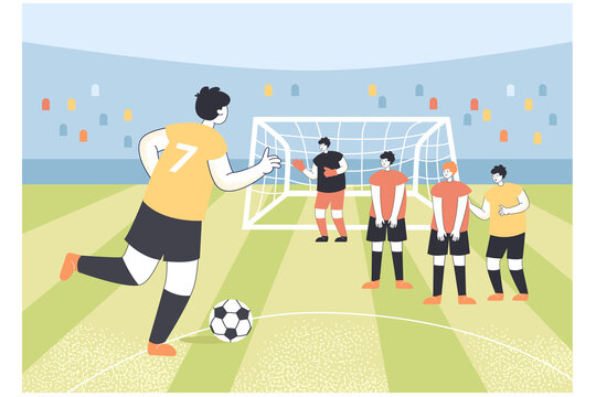 Soccer player character kicking ball towards goalkeeper. Penalty kick or shot during football game at stadium flat vector illustration. Sports, competition concept for banner or landing web page
