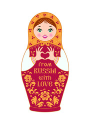 Matryoshka doll makes a heart gesture with her hands. Russian traditional souvenir with the inscription "From Russia with love". Vector illustration in cartoon style isolated on a white background.
