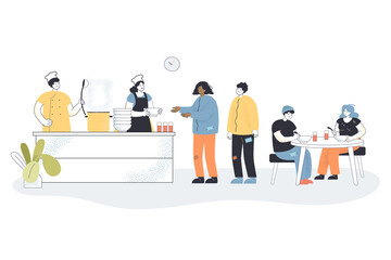 Cartoon volunteers cooking food for homeless people in shelter. Poor characters eating in refectory at night flat vector illustration. Charity, support concept for website design or landing web page