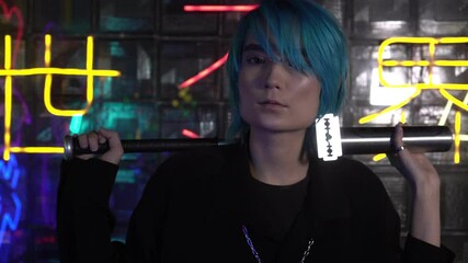 Otaku, male or female anime fan with colored hair and a baseball bat