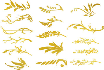 ゴールドのリーフ・植物のラインセット　ベクター素材