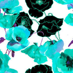 Turquoise and black poppies watercolor on white background seamless pattern for all prints.