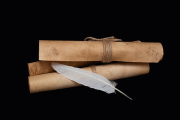 Antique medieval scroll, sealed with a seal. Feather for writing.