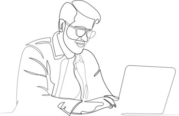 Concentrated businessman wearing glasses using laptop typing on keyboard writing email message, taking part in online web camera negotiations meeting using computer app, distant communication concept