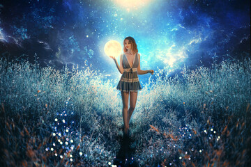 Artwork Fantasy young beautiful woman holds magical ball planet. night nature dark forest. Mystic...