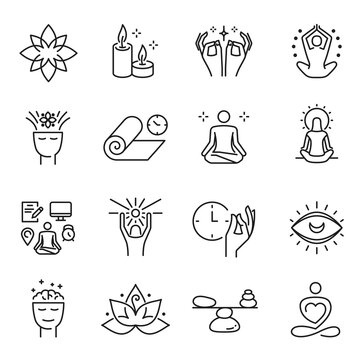 Meditation spiritual monochrome line icon set vector illustration yoga practice relaxation