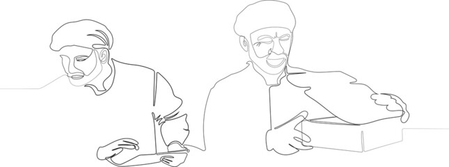 Working senior in white uniform putting and preparing boxes while smiling supervisor holding tablet and watching him. Vector illustration